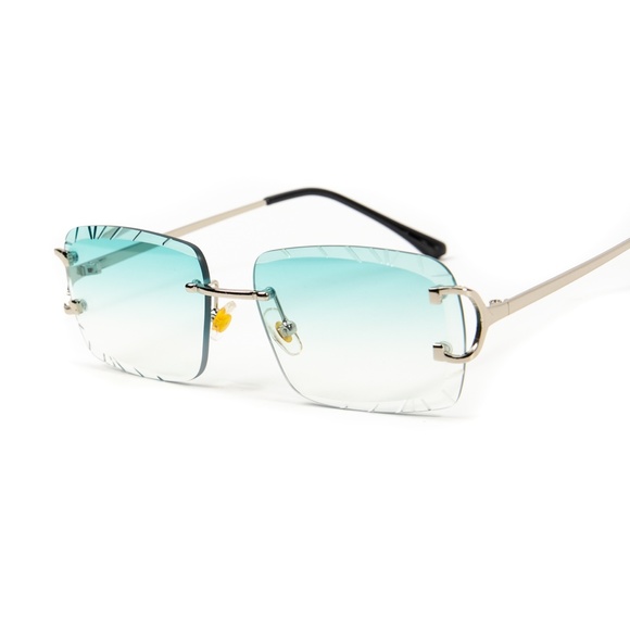 Gem Cut Turquoise Tint Gold Frame Hip Hop Rimless Luxury Rectangle Sunglasses - Picture 3 of 5